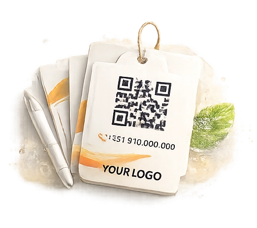 Ambientador personalizado impresso com QR code, contactos e logótipo.