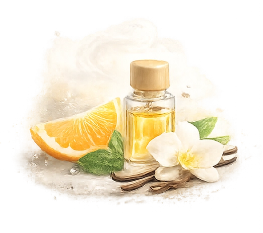 Frasco de aroma com citrinos, baunilha e notas frescas para ambientadores personalizados.